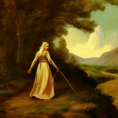 2722223241 a landscape in middle earth with a fair maiden walking as an oil painting