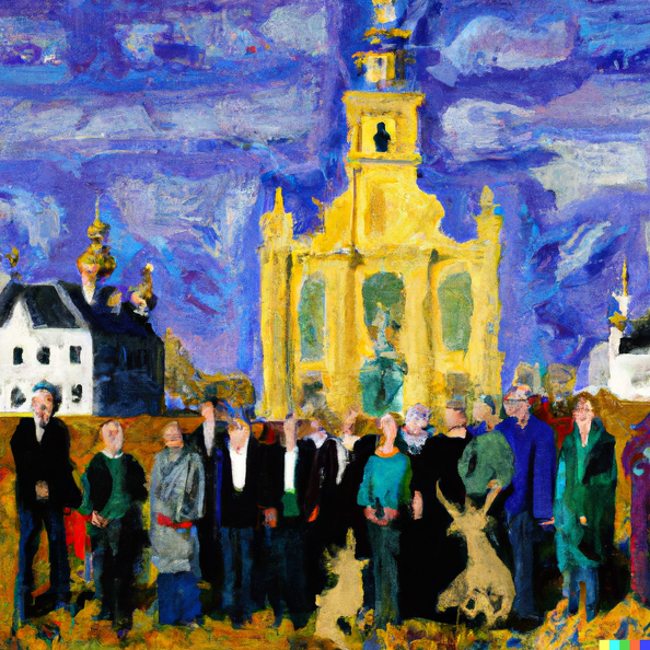 DALL·E 2022-10-27 08.09.24 - a group of men and women standing in front of a baroque church painted in the style of van gogh.png