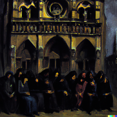 DALL·E 2023-11-04 09.35.46 - an oil painting of a group of dark clad people in front of notre dame in the style of caravaggio