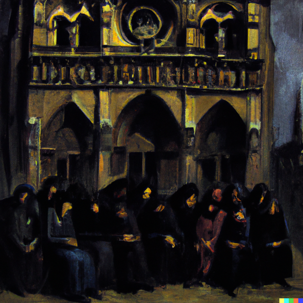 DALL·E 2023-11-04 09.35.46 - an oil painting of a group of dark clad people in front of notre dame in the style of caravaggio.png