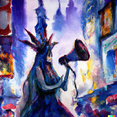 DALL·E 2023-12-14 13.23.59 - a waterclor painting of an elven woman standing witha megaphone in time square at night