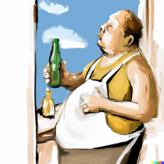 DALL·E 2023-12-15 13.04.10 - chubby man in bibs and a singlet stares at a bottle of rheingold beer as a pianting in the style of edward hopper