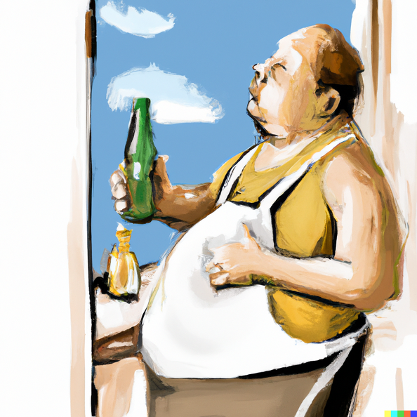 DALL·E 2023-12-15 13.04.10 - chubby man in bibs and a singlet stares at a bottle of rheingold beer as a pianting in the style of edward hopper.png
