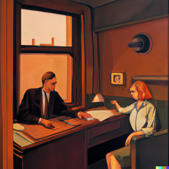 DALL·E 2023-12-19 09.46.05 -  a painting in the style of Edward Hopper that depicts an attractive young woman and a slightly older man, her plot takes place in a small office. The